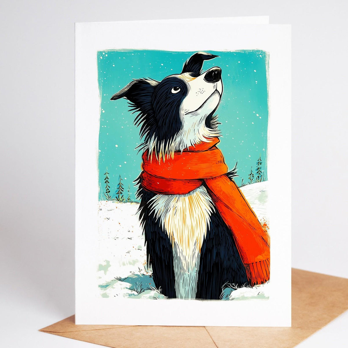 Border Collie Christmas card standing with its envelope, folk art dog in a long red winter scarf