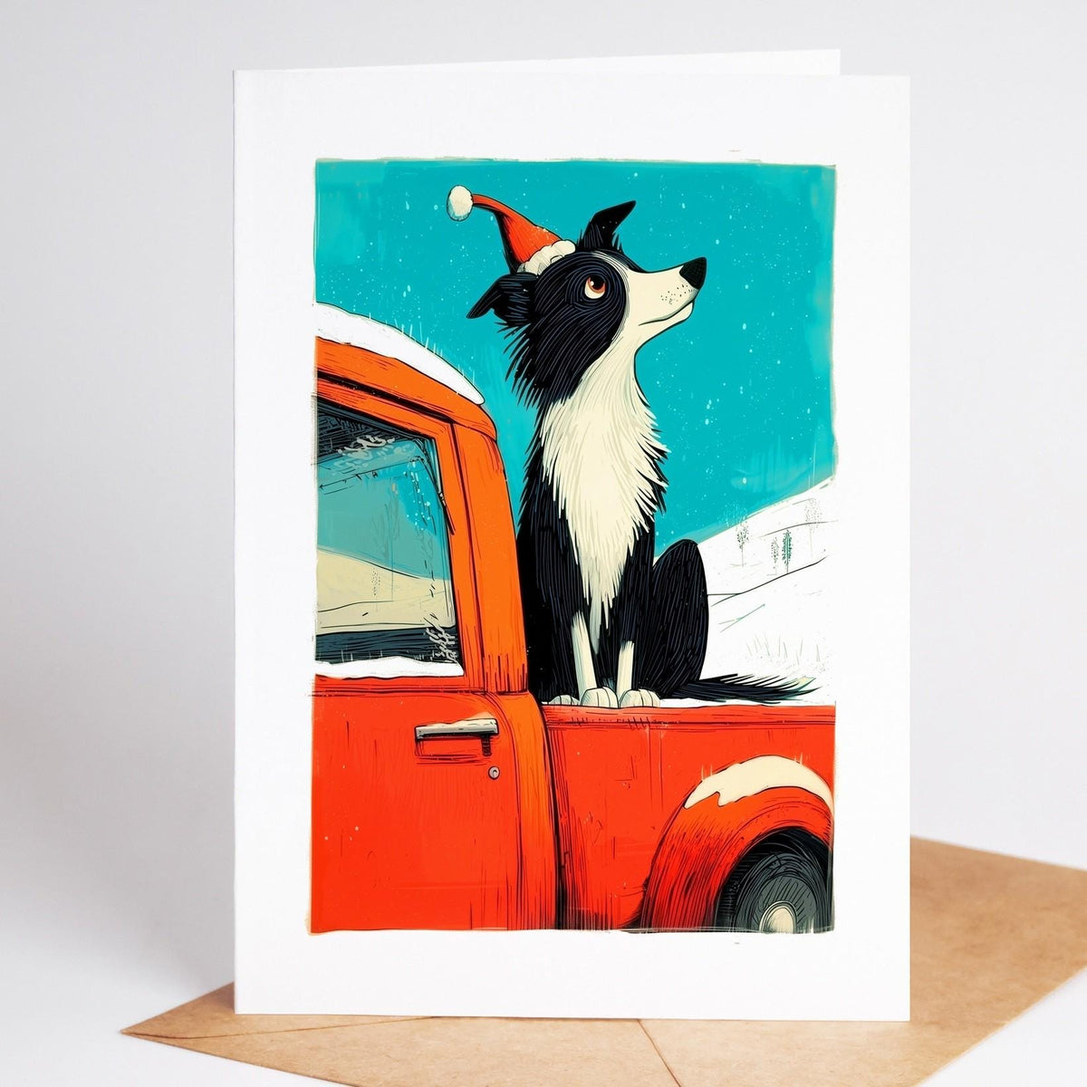 Border Collie Christmas card standing with its envelope, folk art dog in a Santa hat in a red pickup truck