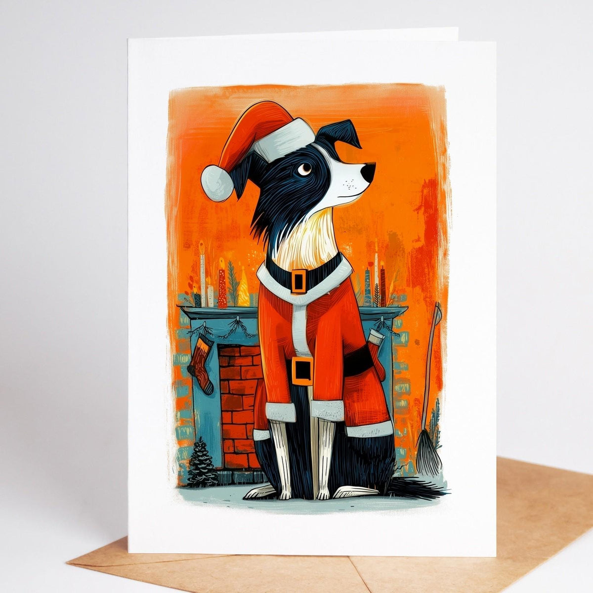 Border Collie Christmas card standing with its envelope, folk art dog in a red Santa suit by a fireplace