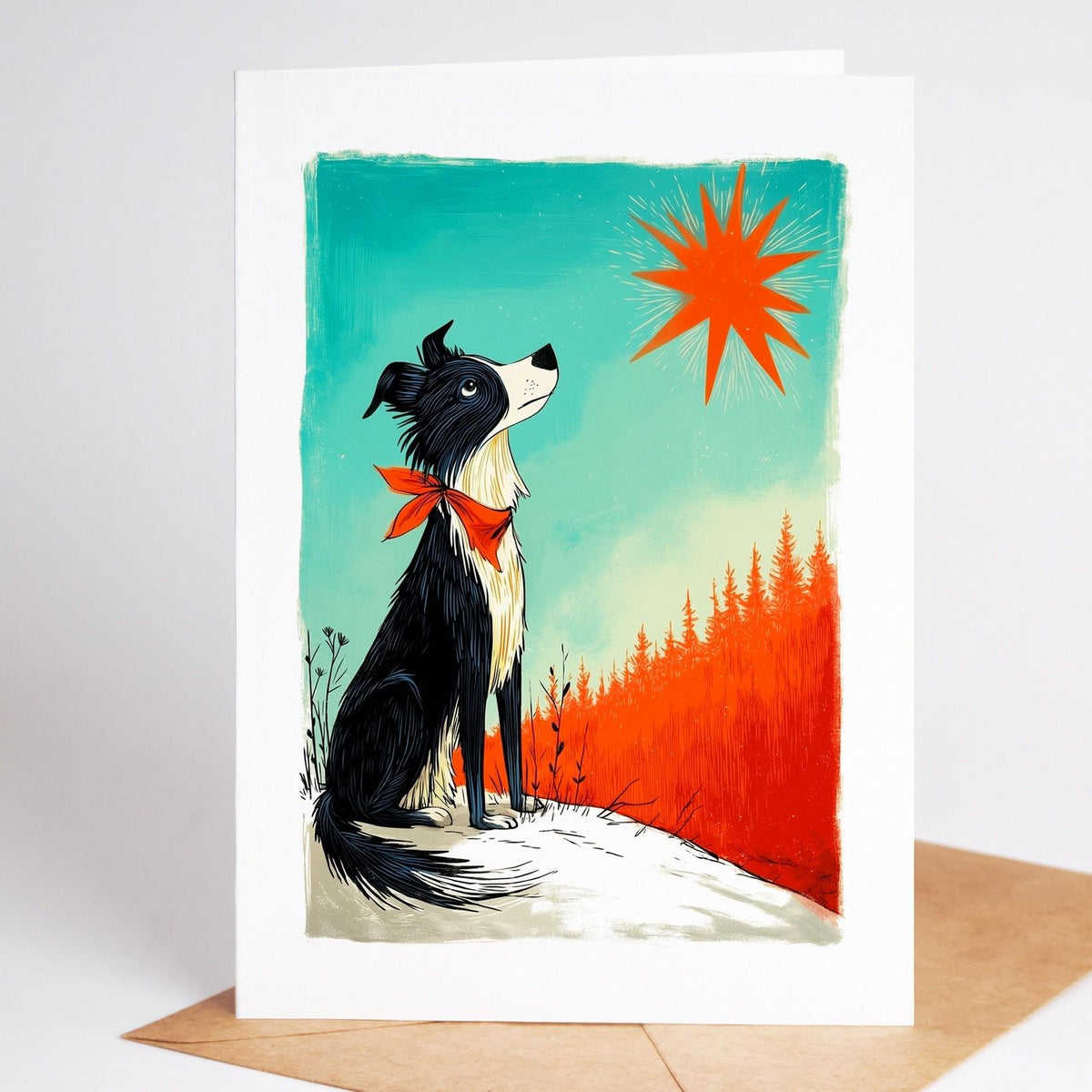Border Collie Christmas card standing with its envelope, folk art dog watching a red star over a forest