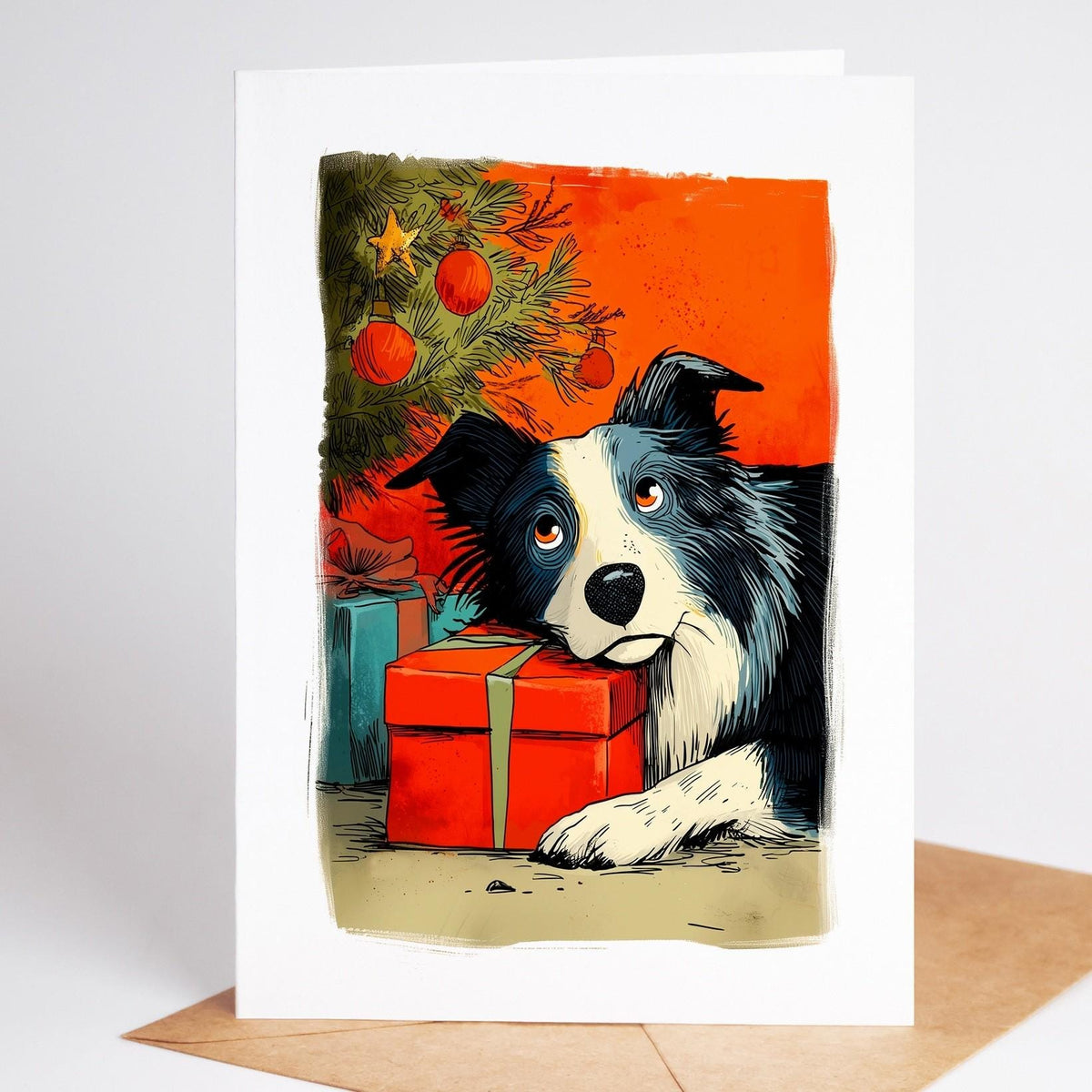 Border Collie Christmas card standing with its envelope, folk art dog beside a gift under the tree