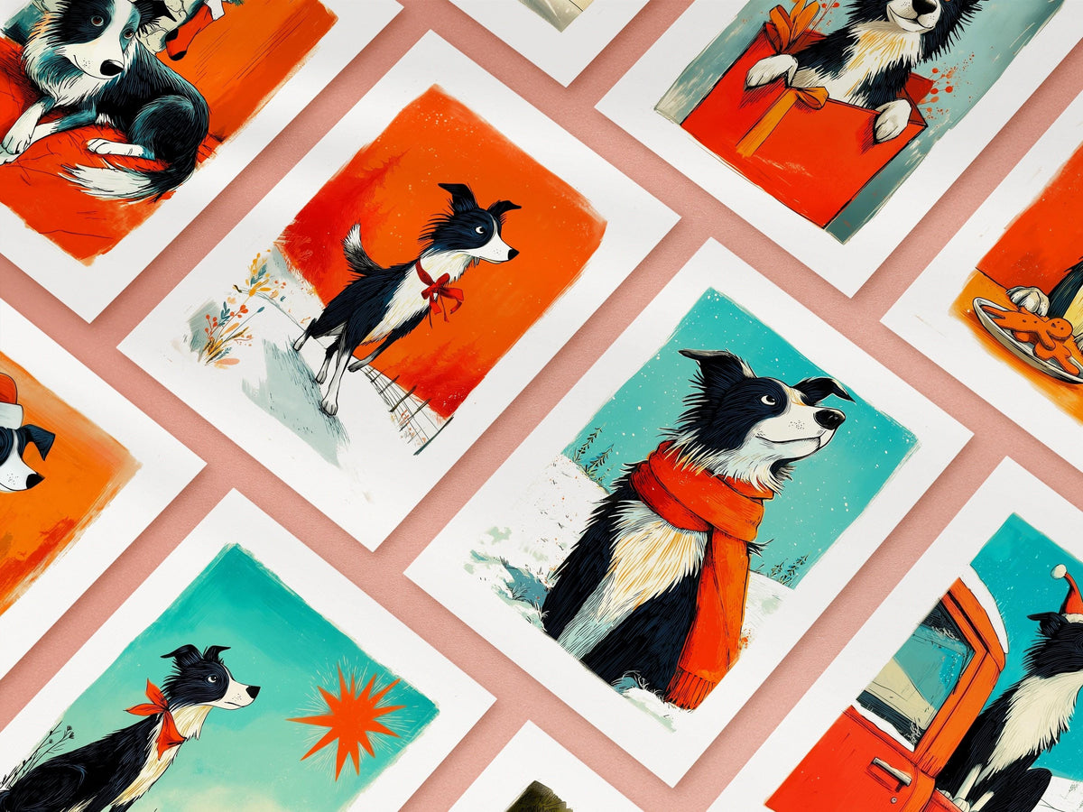 All ten Border Collie Christmas card designs laid out together, full folk art holiday set