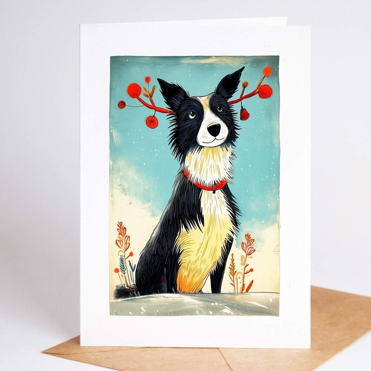Border Collie Christmas card standing with its envelope, folk art dog in red reindeer antlers in the snow