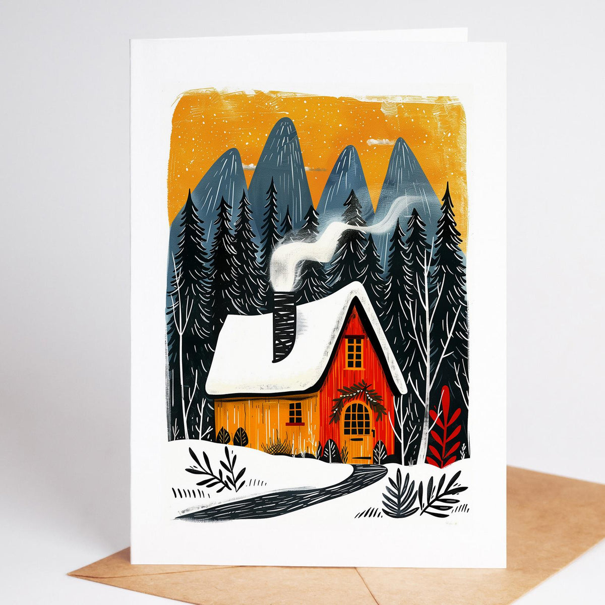 Hiking Christmas card design 7, linocut-style folk art winter trail scene