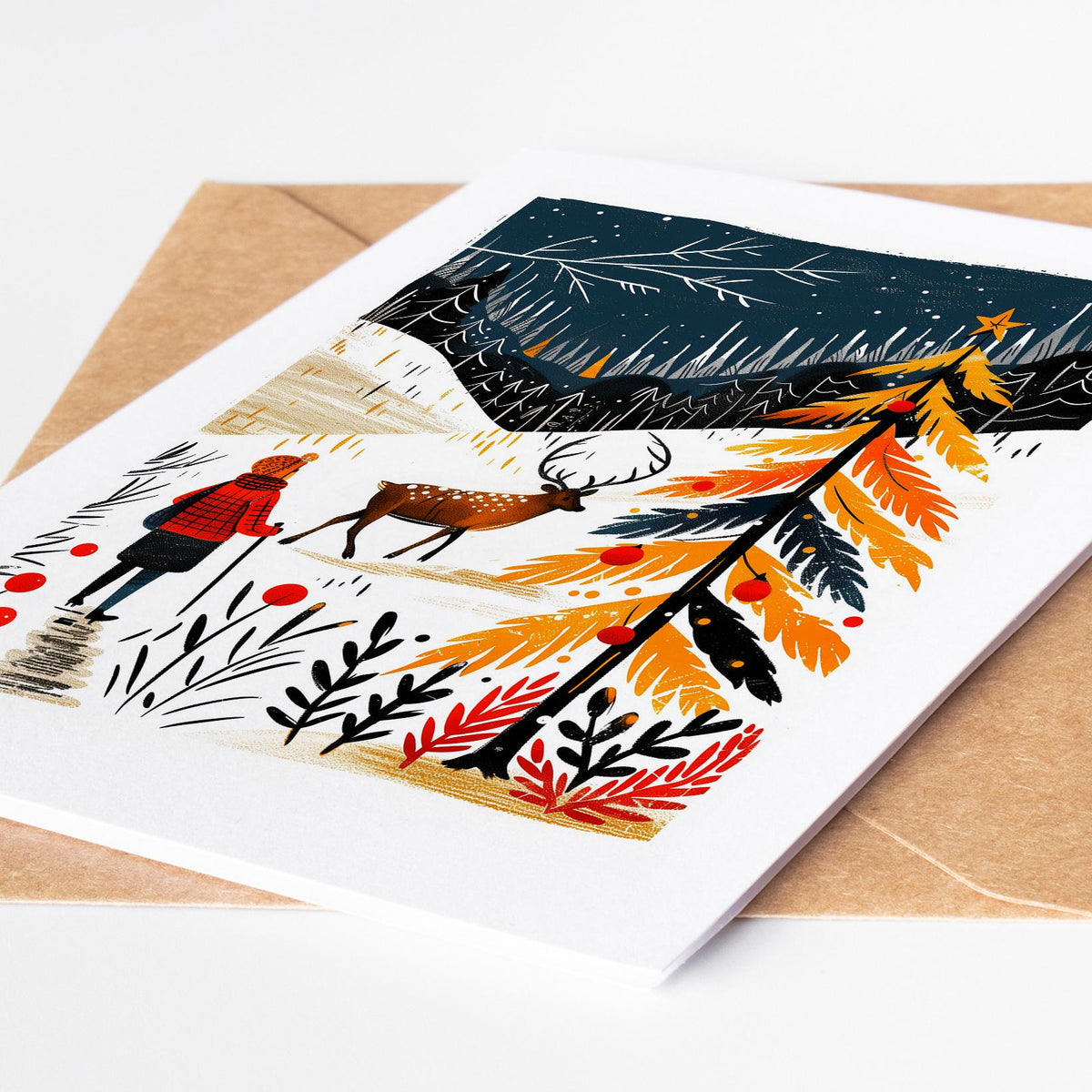 Hiking Christmas card design 12, linocut-style folk art winter trail scene