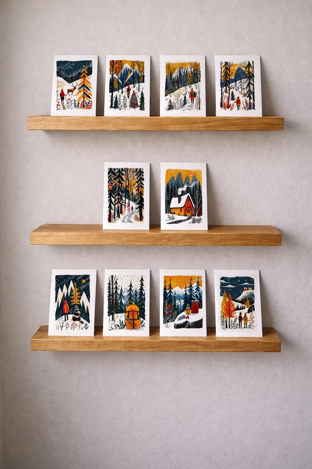 Hiking Christmas card design 2, linocut-style folk art winter trail scene