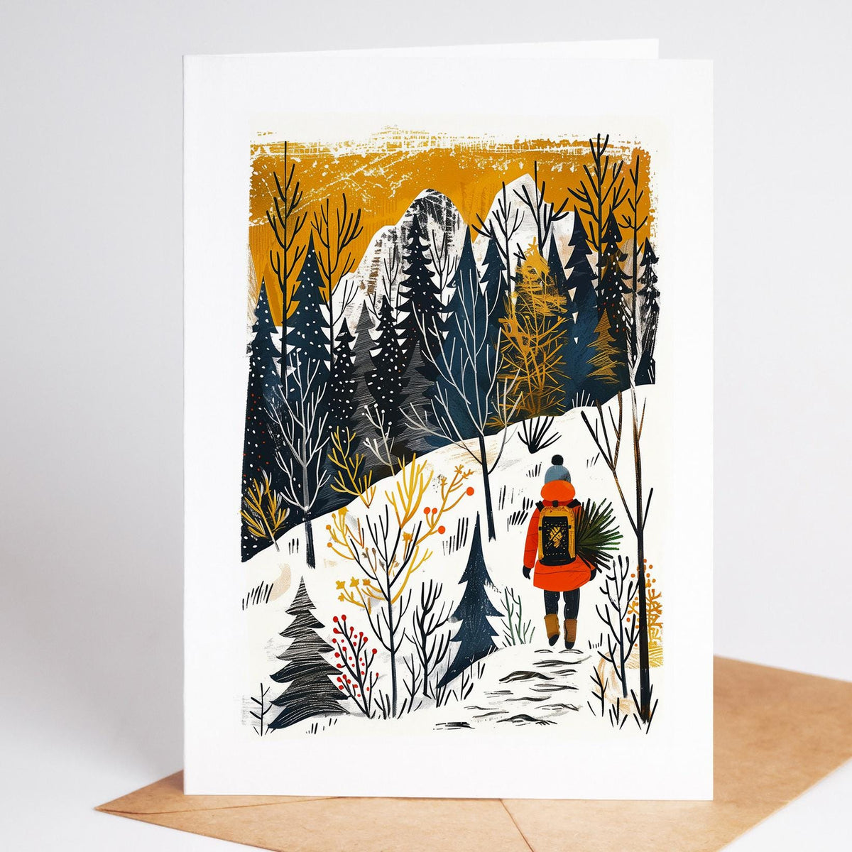 Hiking Christmas card design 4, linocut-style folk art winter trail scene