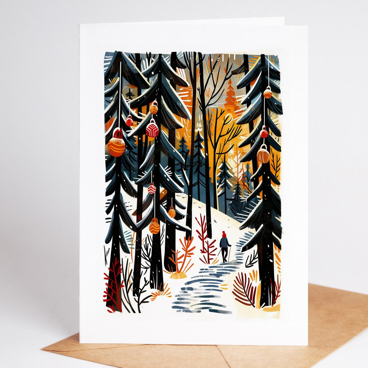 Hiking Christmas card design 6, linocut-style folk art winter trail scene