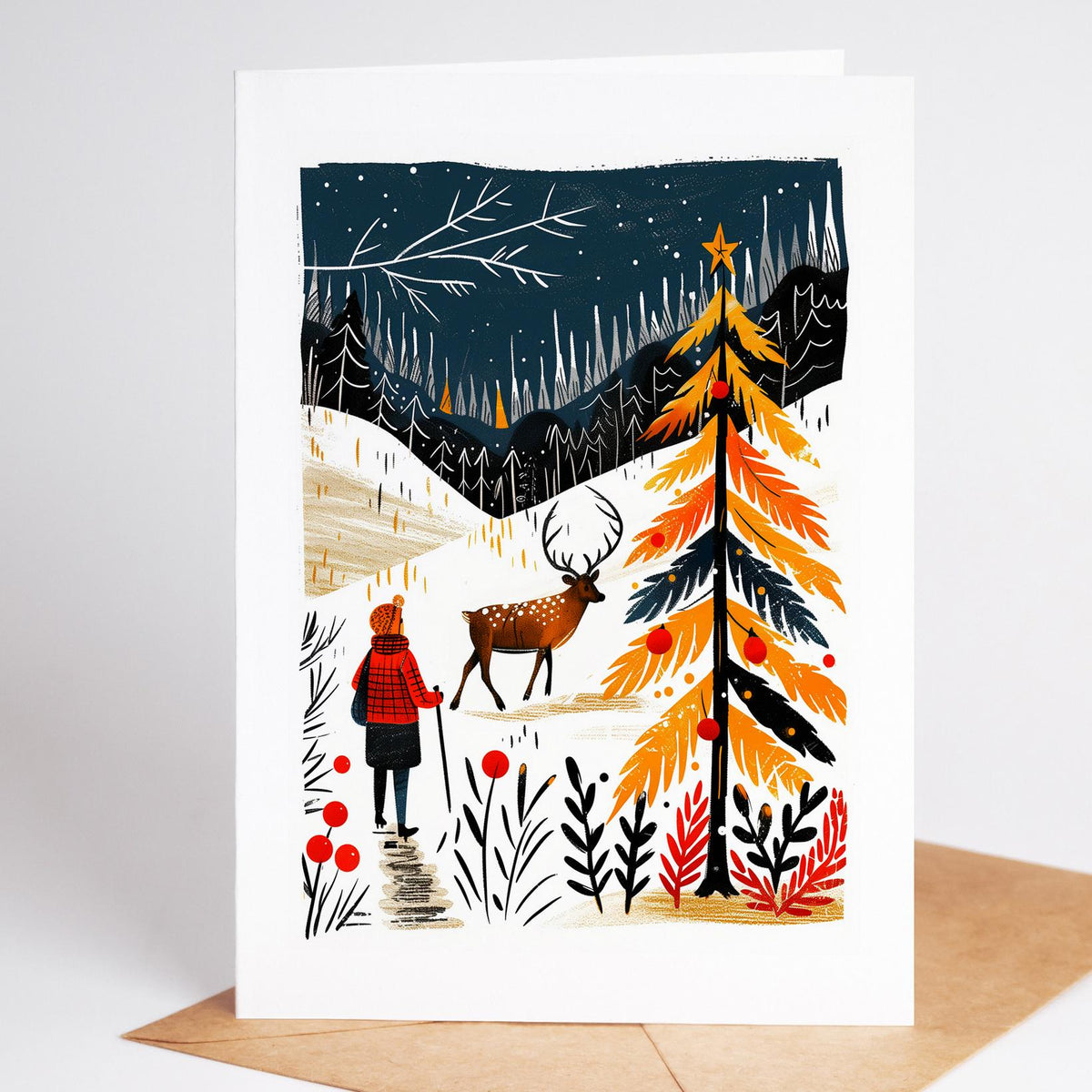 Hiking Christmas card set of 10 folk art holiday cards with envelopes