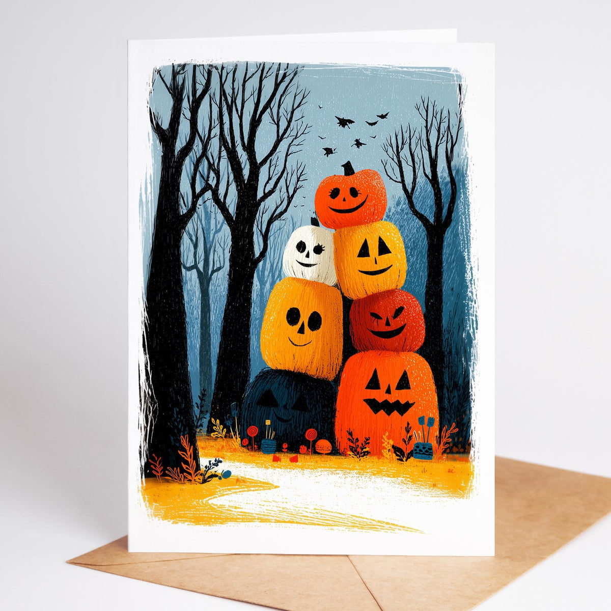 Folk art Halloween card of a stack of jack-o-lanterns among bare trees and bats, standing on a kraft envelope