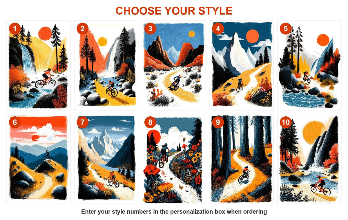 Numbered style guide showing all 10 female mountain biking card designs
