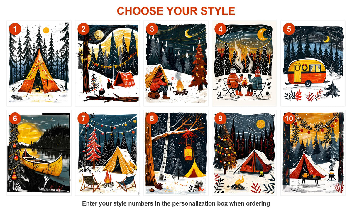 Numbered style guide showing all ten camping Christmas card designs