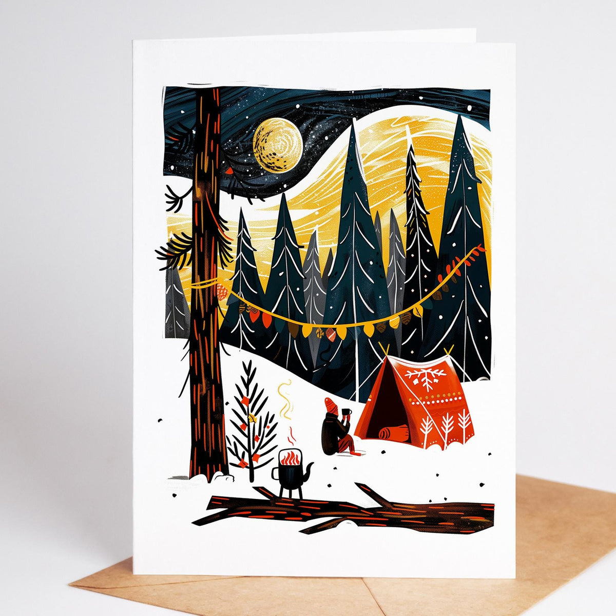 Camping Christmas card of a red tent under string lights with a figure by the fire