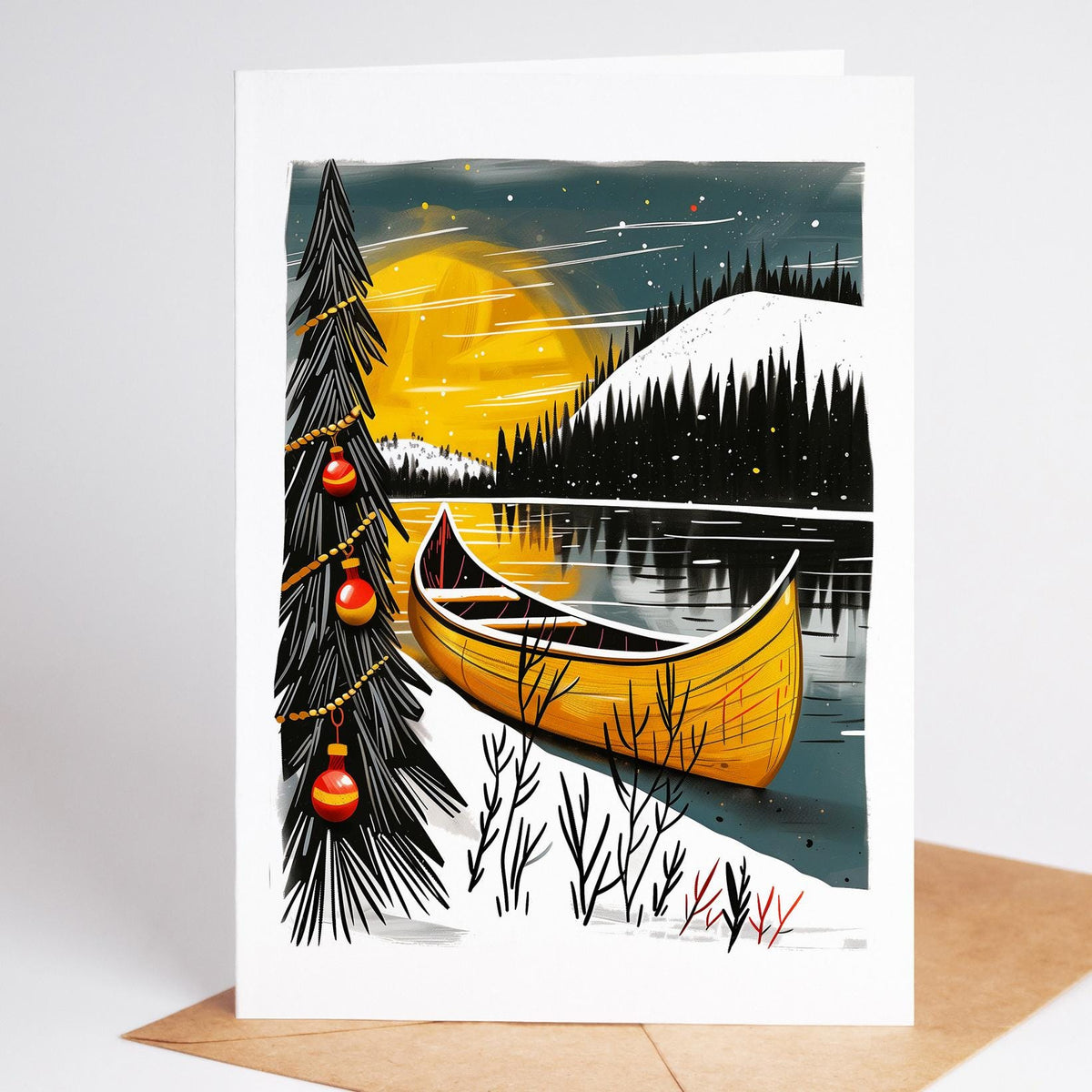 Camping Christmas card of a yellow canoe trimmed with ornaments on a frozen lake