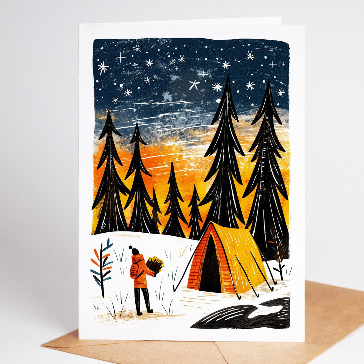 Folk art camping Christmas card, lone camper carrying firewood beside a golden tent under a starry winter sky, linocut s