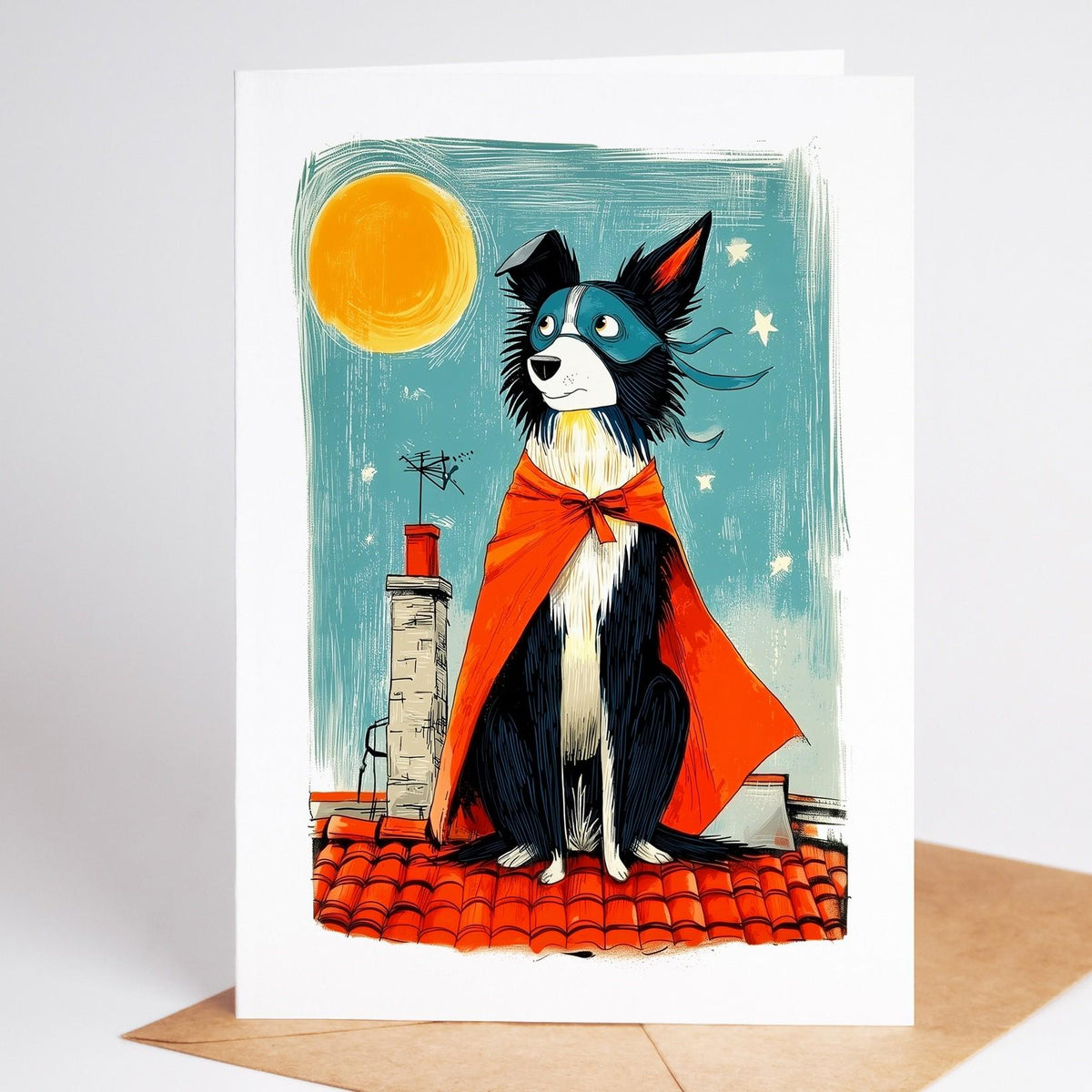 Border Collie Halloween card design 1, linocut-style folk art dog in costume