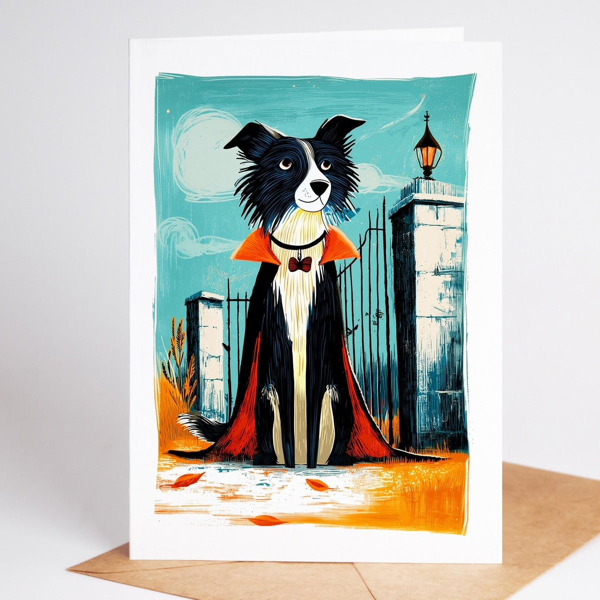 Border Collie Halloween card design 3, linocut-style folk art dog in costume
