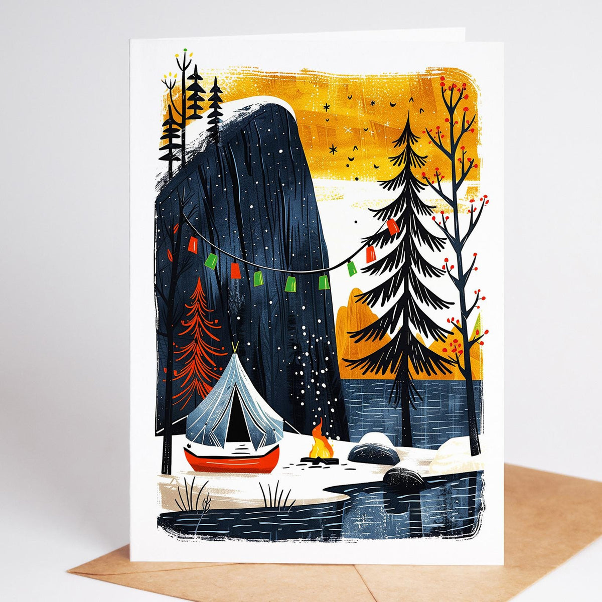 Linocut folk art Christmas card, tipi tent and red canoe at the base of a dark cliff, colorful string lights, campfire, 