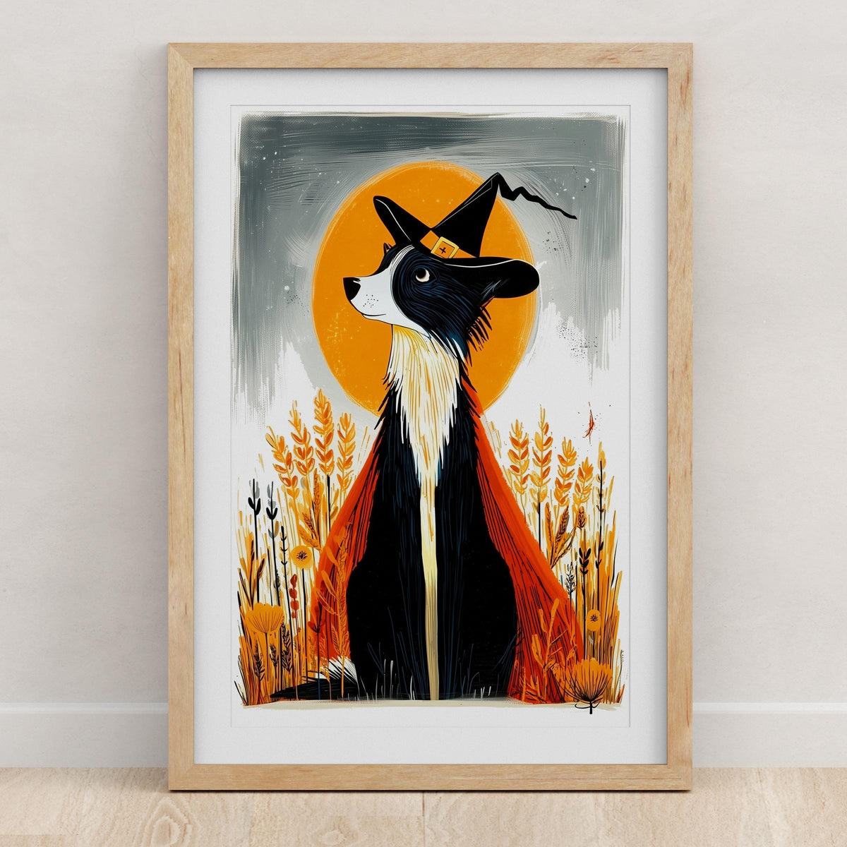 Border Collie Halloween art print in a frame, linocut-style folk art wall decor