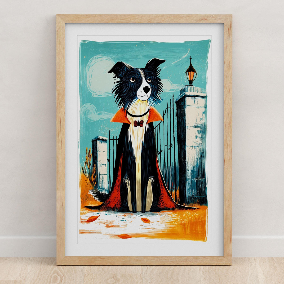 Border Collie Halloween art print design 3, folk art dog in costume