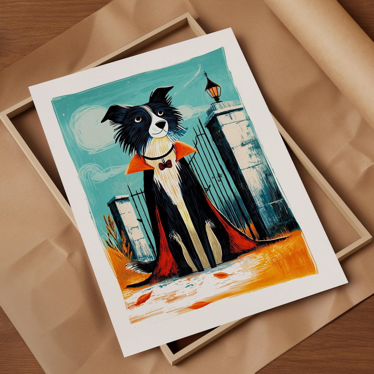 Border Collie Halloween art print design 5, folk art dog in costume