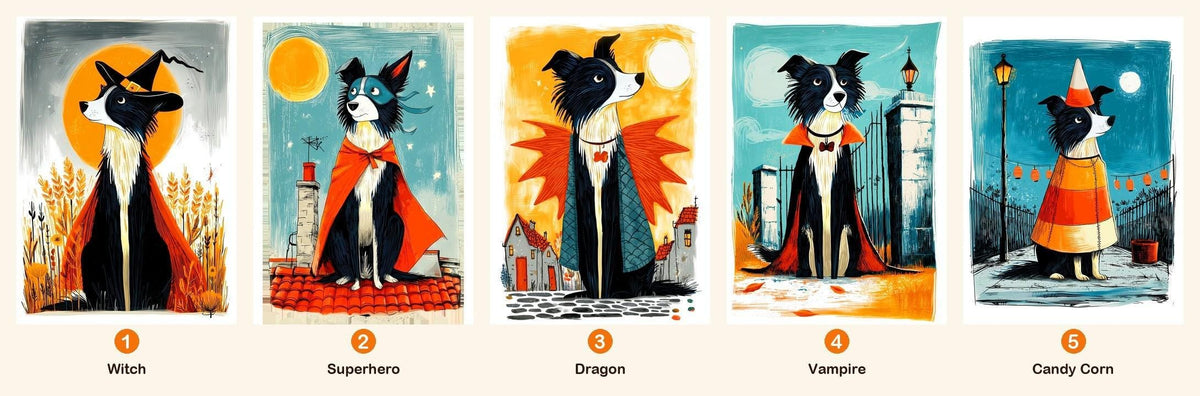 All five Border Collie Halloween single card designs shown together