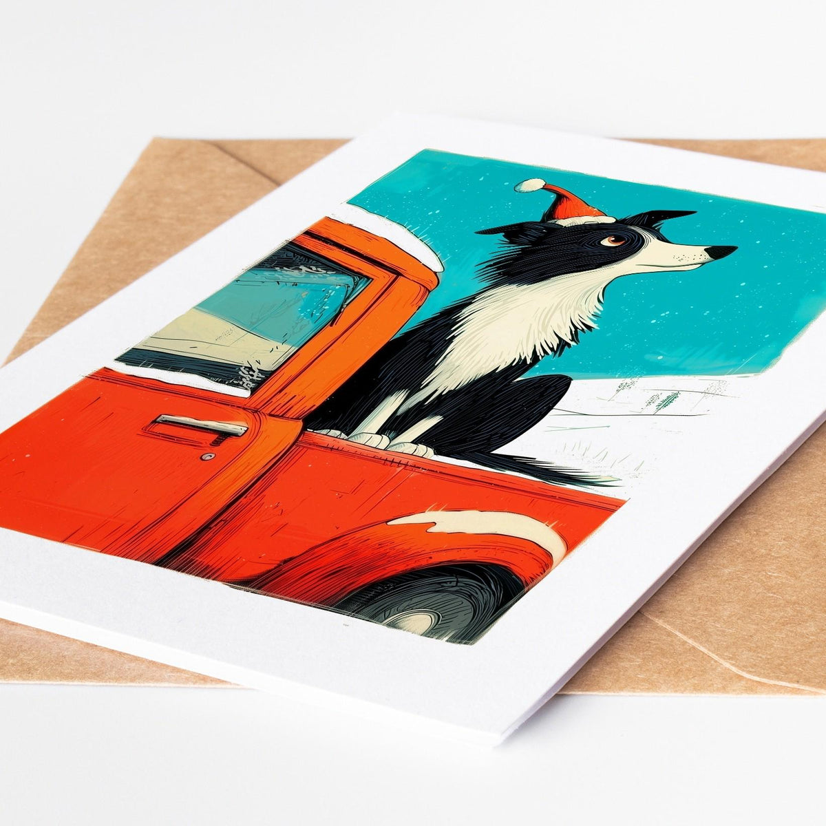 Border Collie Christmas card lying flat on a kraft envelope, folk art dog in a Santa hat in a red truck