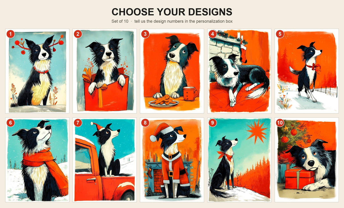 Style guide showing all 10 Border Collie Christmas card designs numbered 1 to 10, for choosing your designs