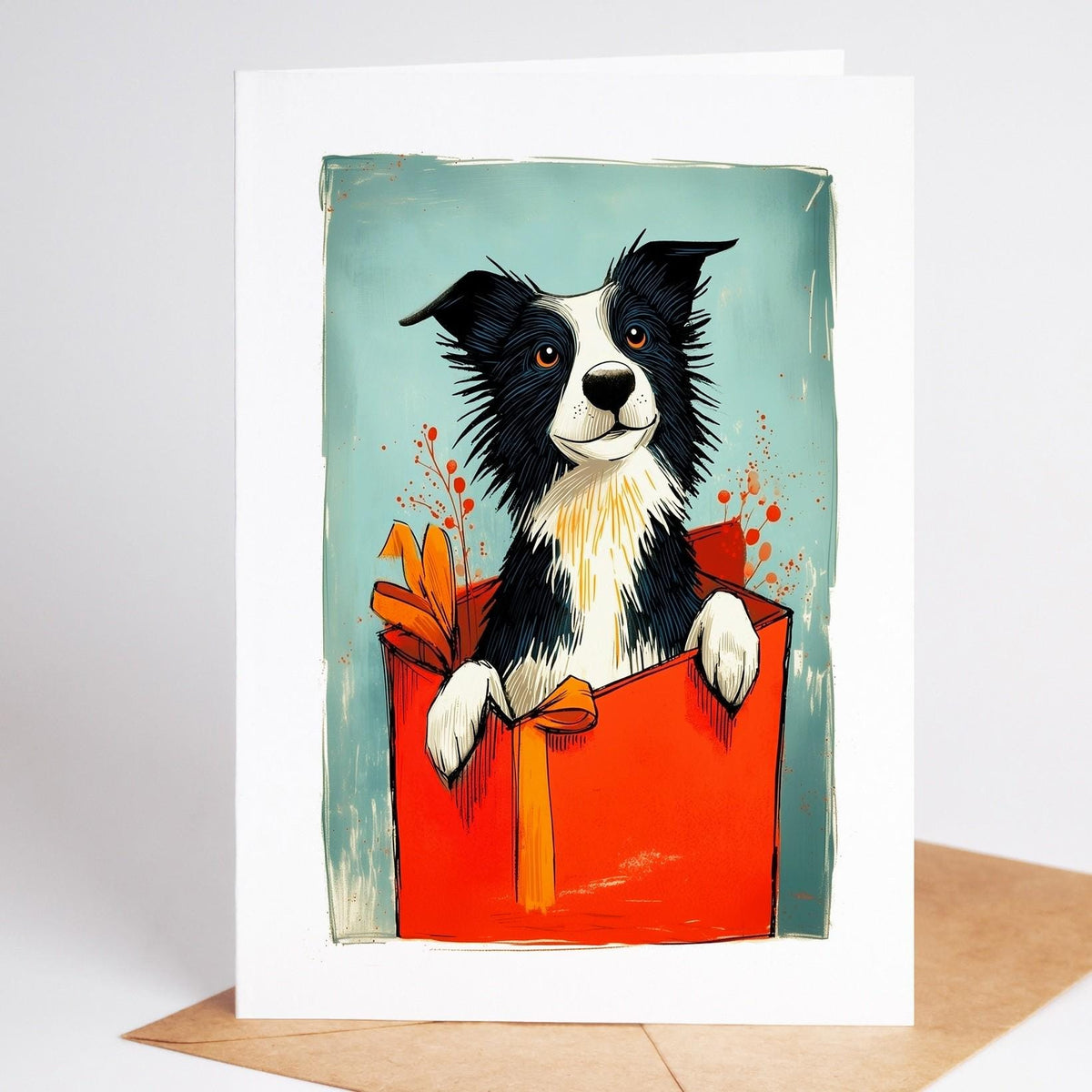 Border Collie Christmas card standing with its envelope, folk art dog peeking out of a red gift box