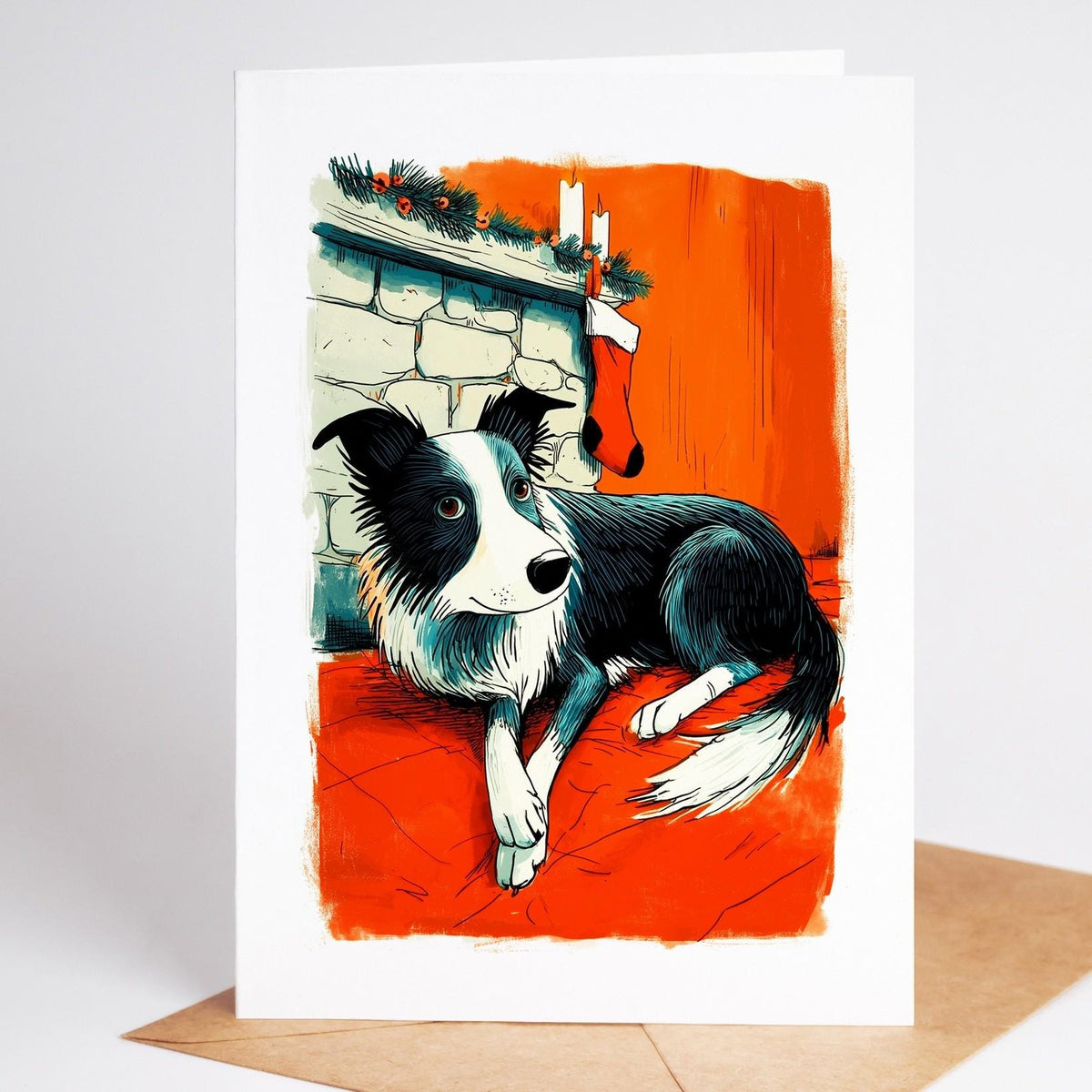 Border Collie Christmas card standing with its envelope, folk art dog curled up by a stone hearth