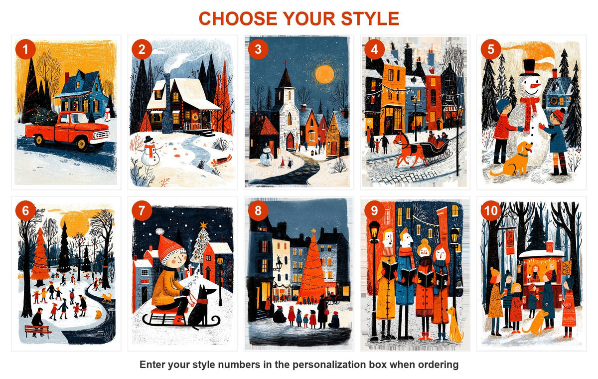 Numbered style guide showing all 10 Christmas card designs