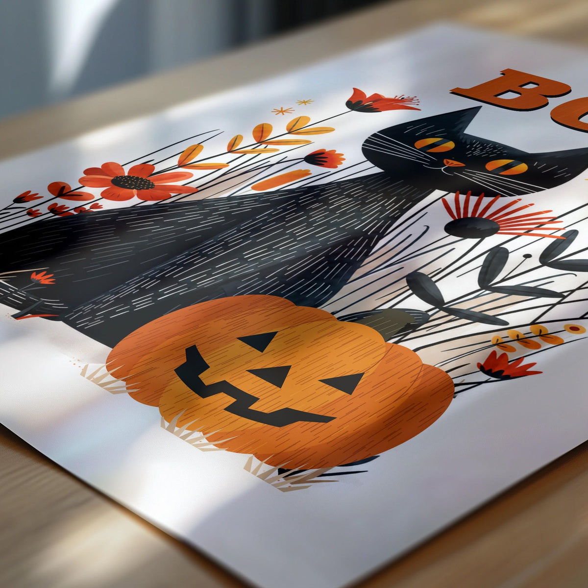Close angled view of the Boo Halloween card on a table, showing the carved pumpkin and cat detail