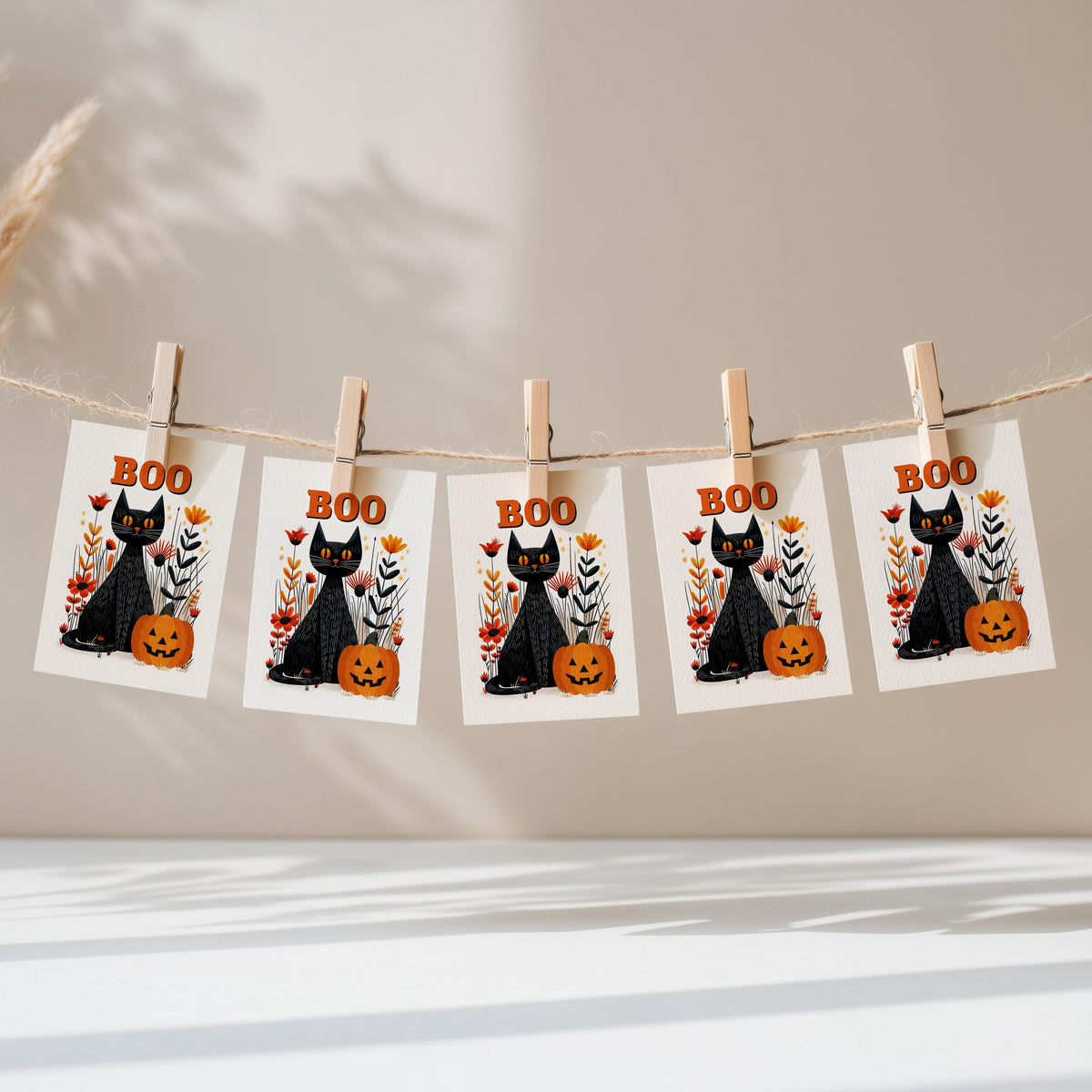 Five Boo black cat Halloween cards pegged to a twine line with wooden clothespins