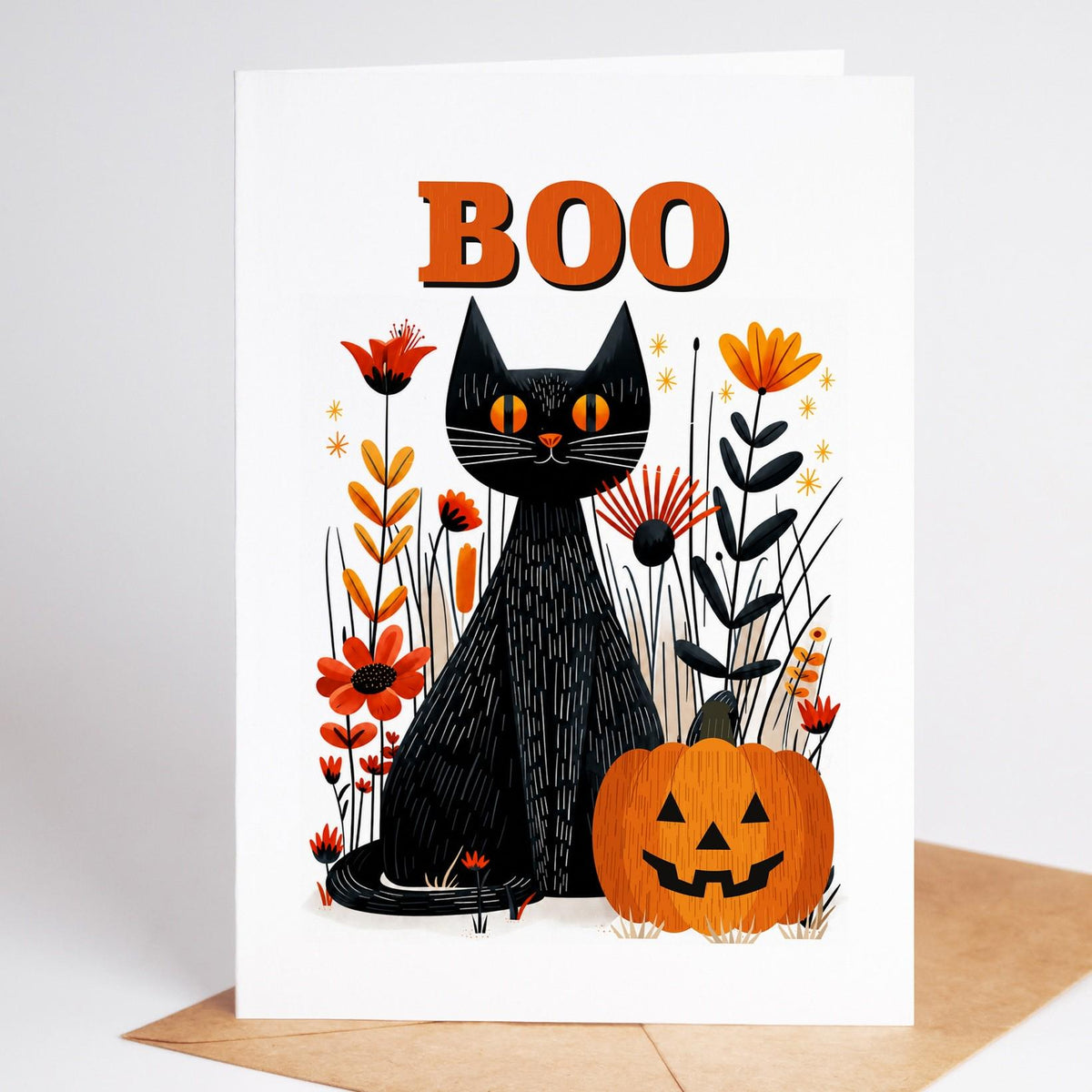 Halloween black cat card standing with a kraft envelope, folk art cat and jack-o-lantern under BOO
