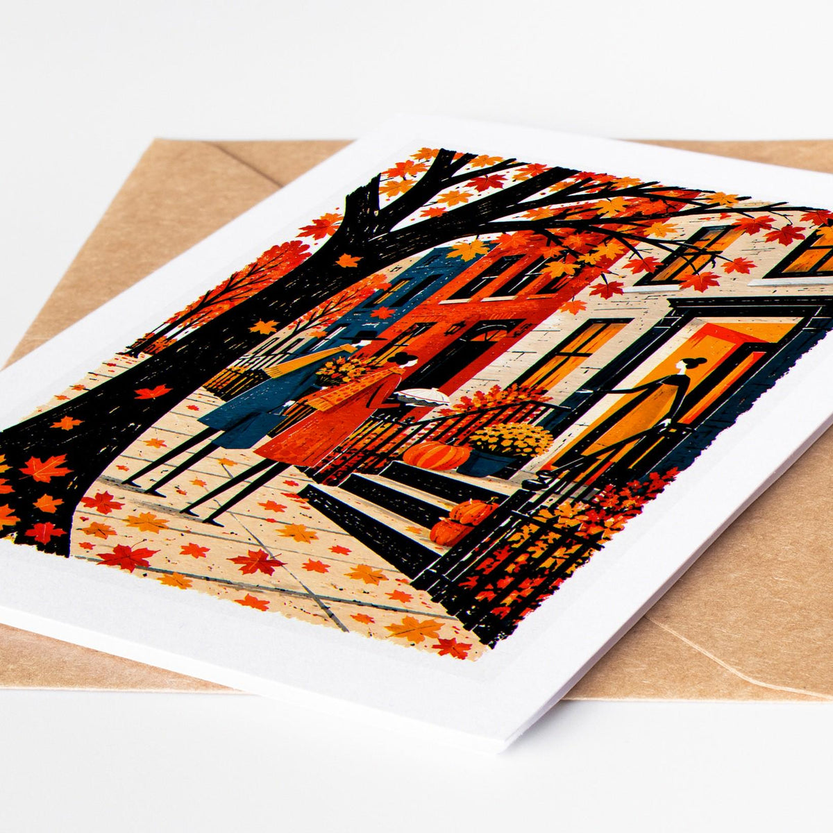Thanksgiving greeting card set of 10, folk art card resting on a kraft envelope