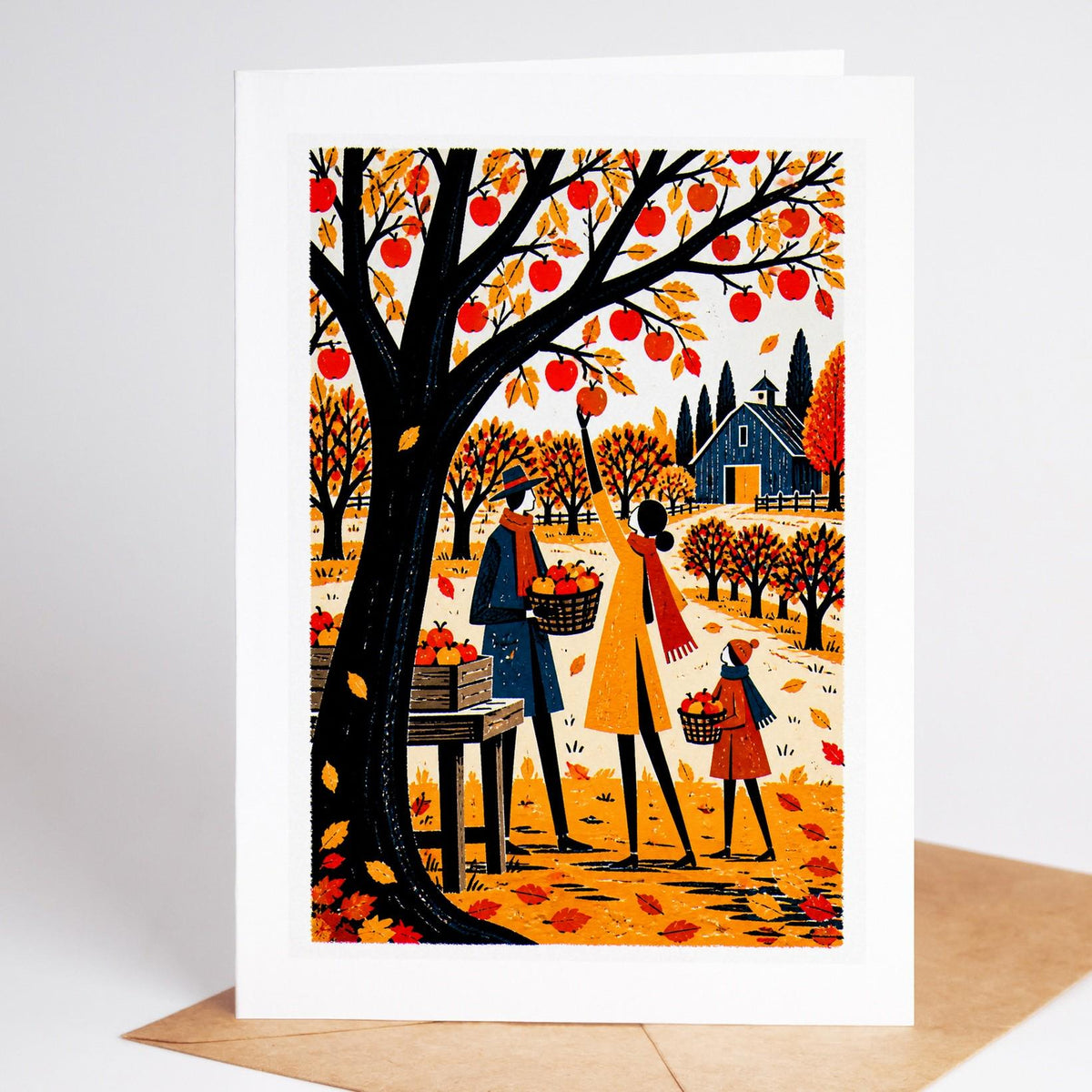 Thanksgiving folk art card, a family picking apples in an orchard beside a blue barn