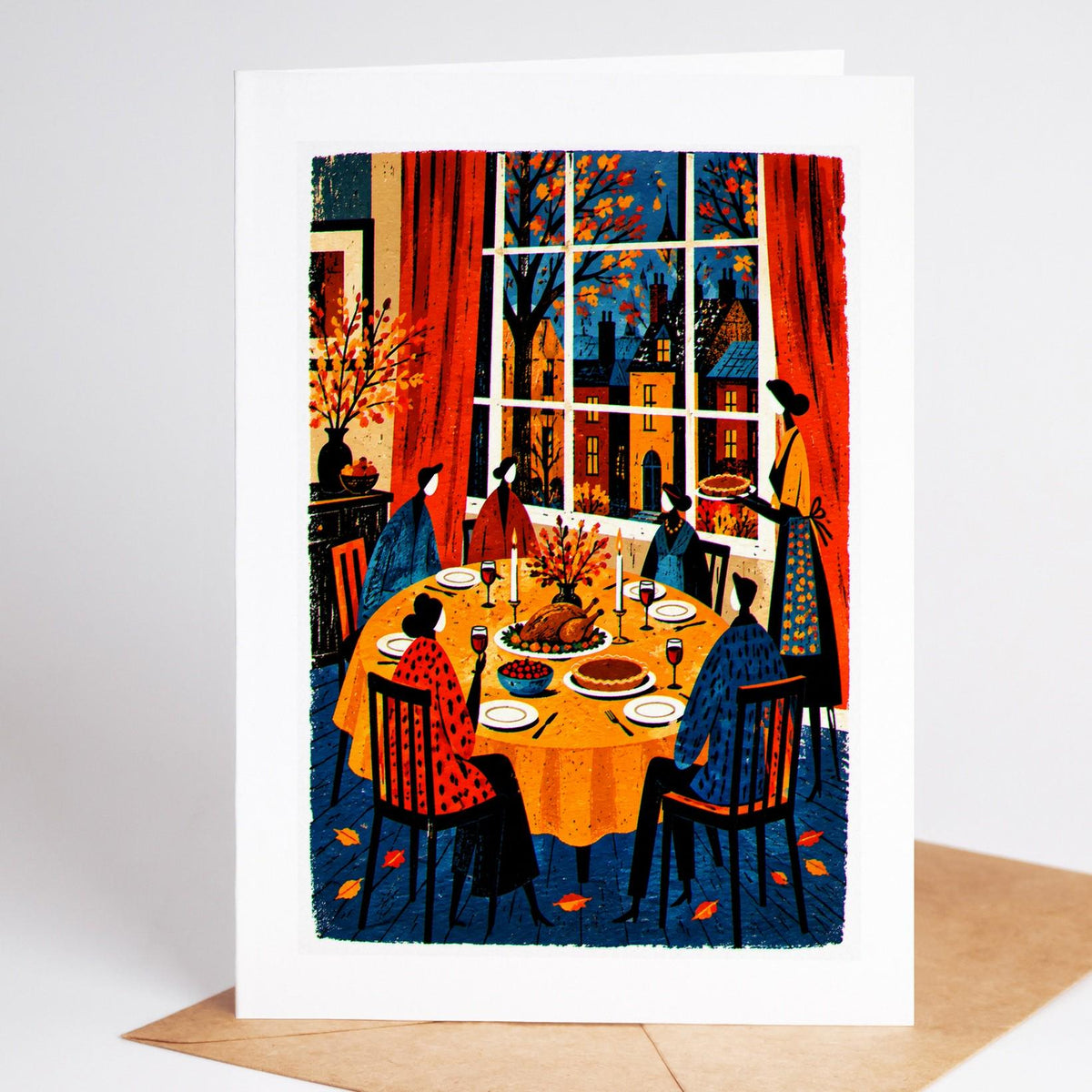 Thanksgiving folk art card, a family at the Thanksgiving table by a lamplit city window