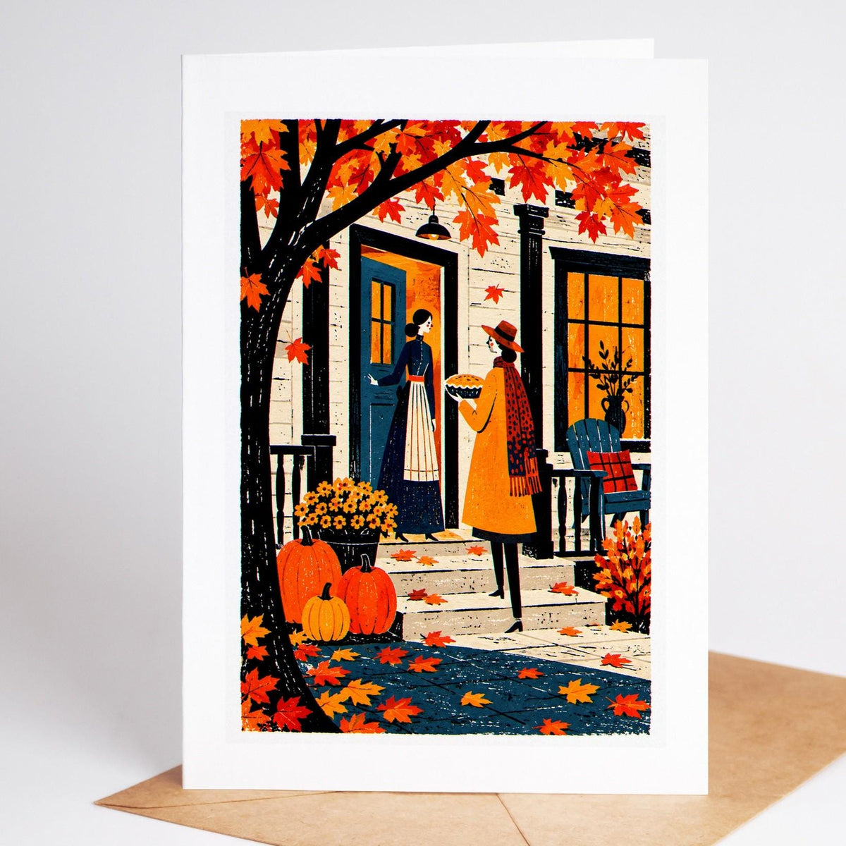 Thanksgiving folk art card, a guest handing a pie to the host on a pumpkin-lined porch