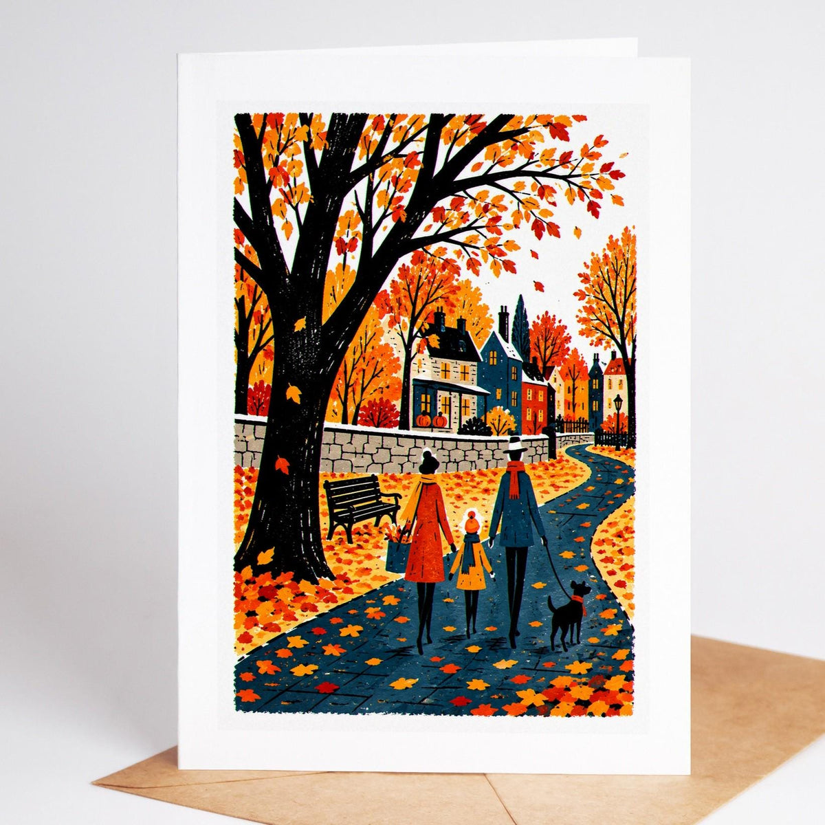 Thanksgiving folk art card, a family and their dog walking a leaf-covered lane after dinner