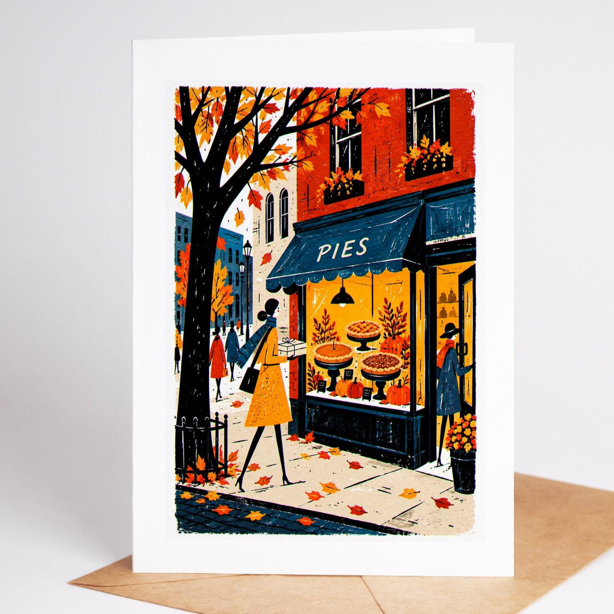 Thanksgiving folk art card, a woman passing a village pie shop window full of autumn pies