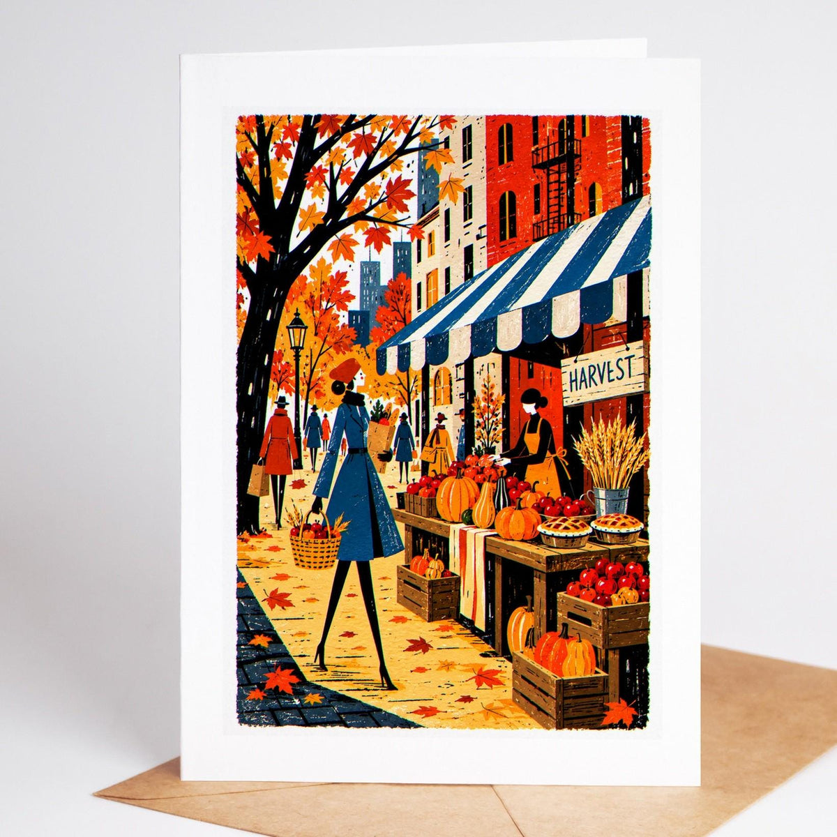 Thanksgiving folk art card, a city harvest market stall with pumpkins, apples and pies