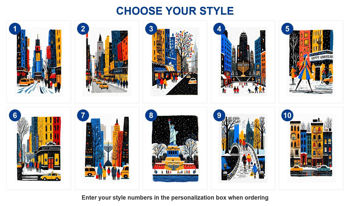 Style guide showing all 10 New York City Lights Hanukkah card designs numbered 1 to 10