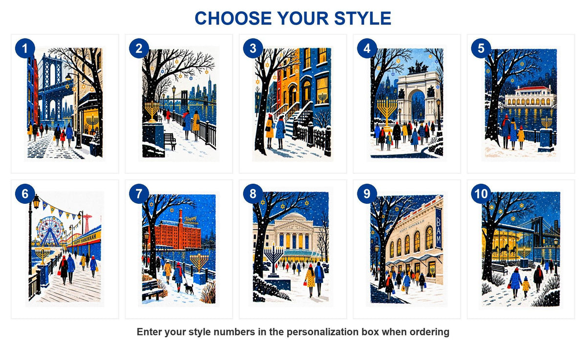 Style guide showing all 10 Brooklyn Hanukkah card designs numbered 1 to 10