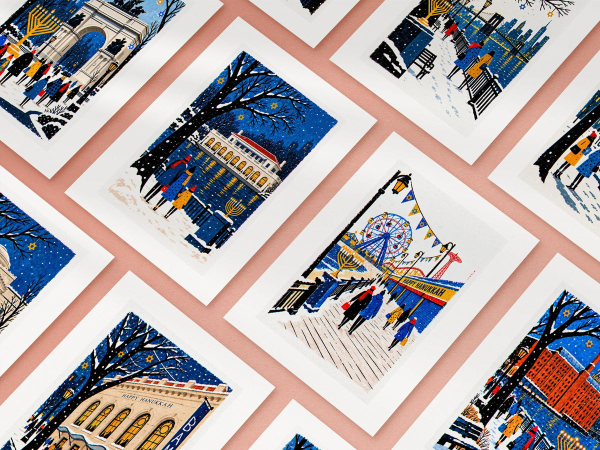 Ten Brooklyn Hanukkah cards arranged in a grid, the full set of snowy folk art borough designs