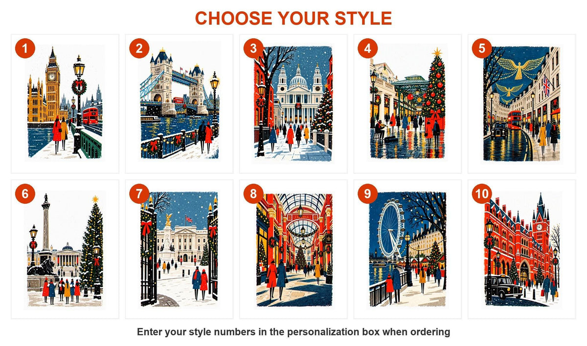 Style guide showing all 10 London Christmas card designs numbered 1 to 10