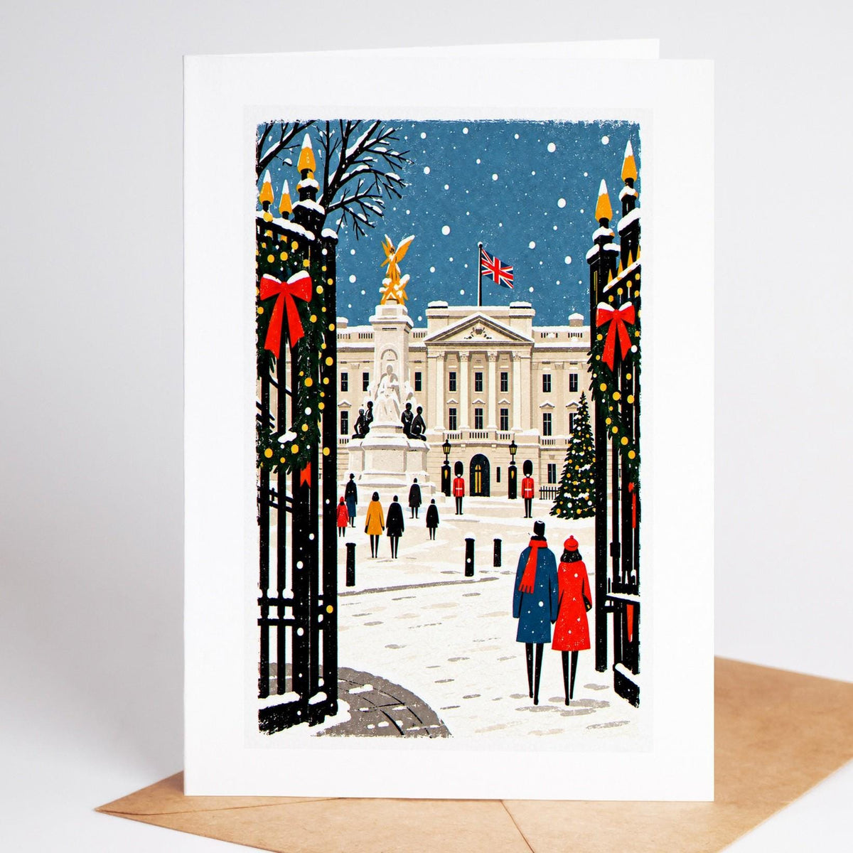 London Christmas card standing with envelope, Buckingham Palace and the Victoria Memorial with guards on parade