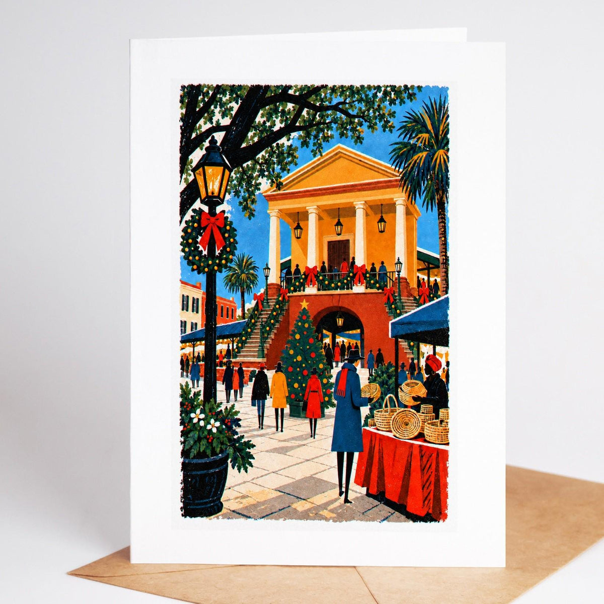 Charleston Christmas card standing with envelope, the Charleston City Market arcade full of holiday stalls