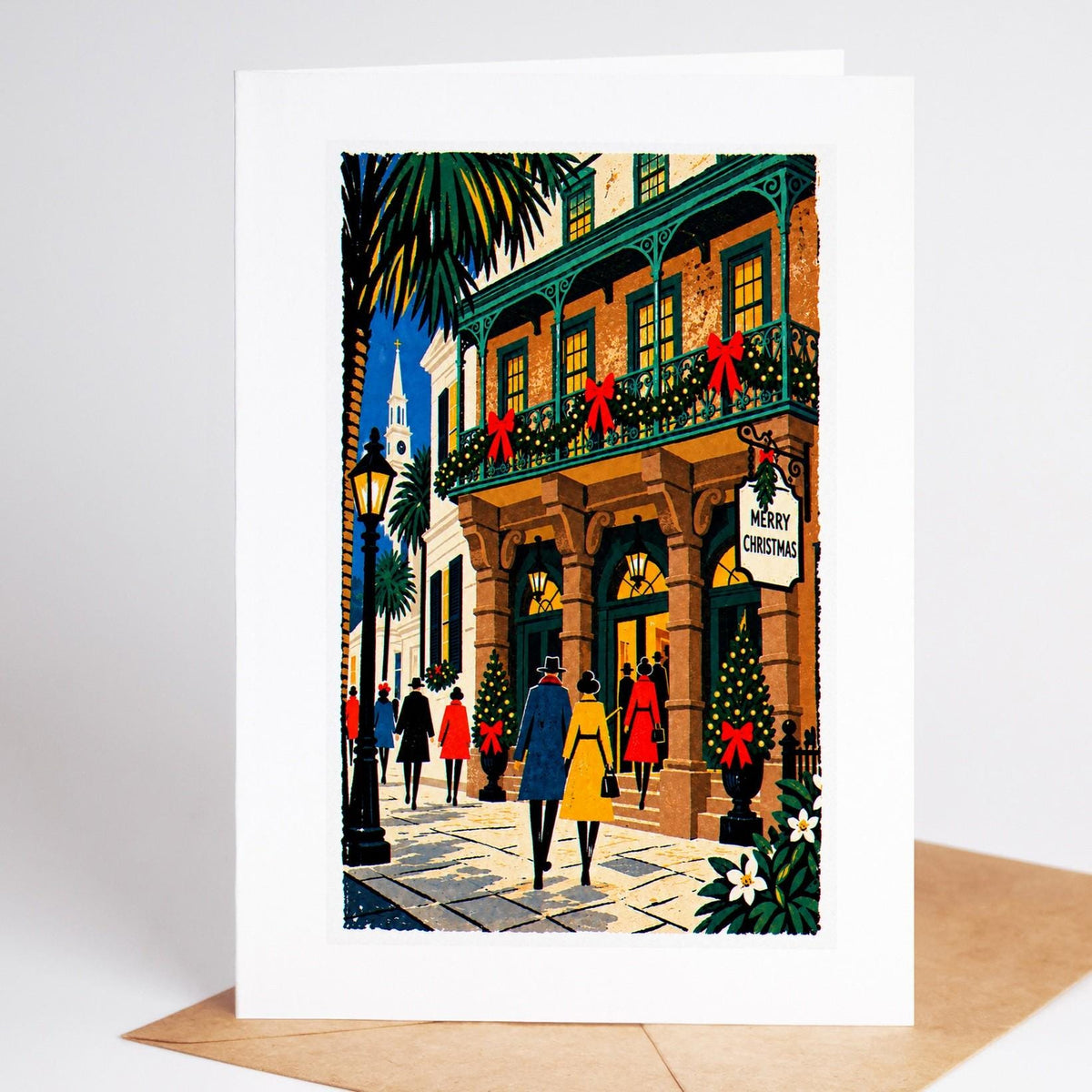 Charleston Christmas card standing with envelope, the Dock Street Theatre balcony under a Merry Christmas sign