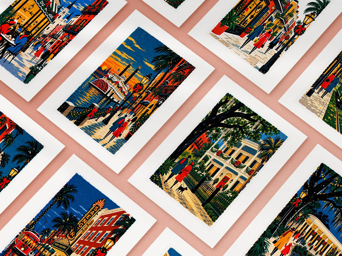 Ten New Orleans Christmas cards arranged in a grid, the full set of folk art city designs