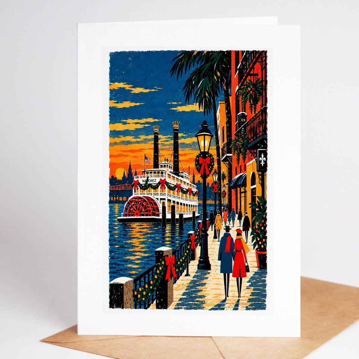 New Orleans Christmas card standing with envelope, the steamboat Natchez on the Mississippi at sunset